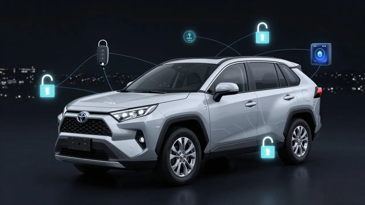 Elektronický systém bezpečnosti auta s propojenými moduly jako světelné vlákna.