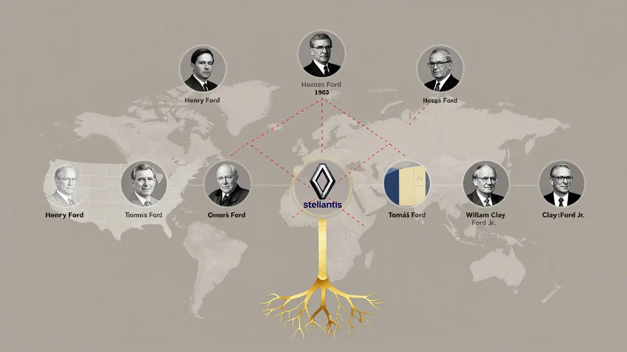 Family tree of Ford owners with voting shares anchoring global factories, separating from Renault and Stellantis.