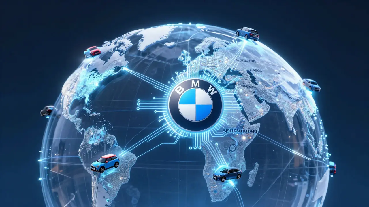 Globus s propojenými výrobními centry BMW a logo z kabelů symbolizuje globální ekosystém.