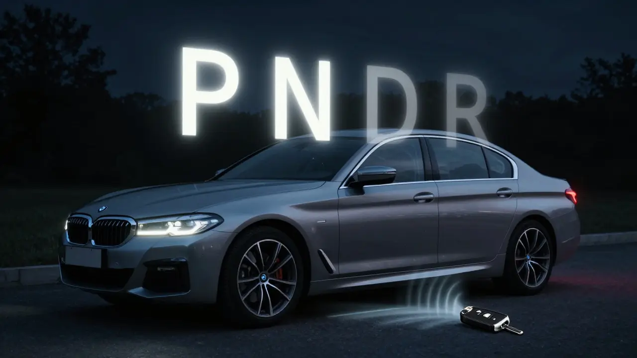 Holografické znázornění poloh převodovky BMW s osvětlenými P a N, tmavé D a R.