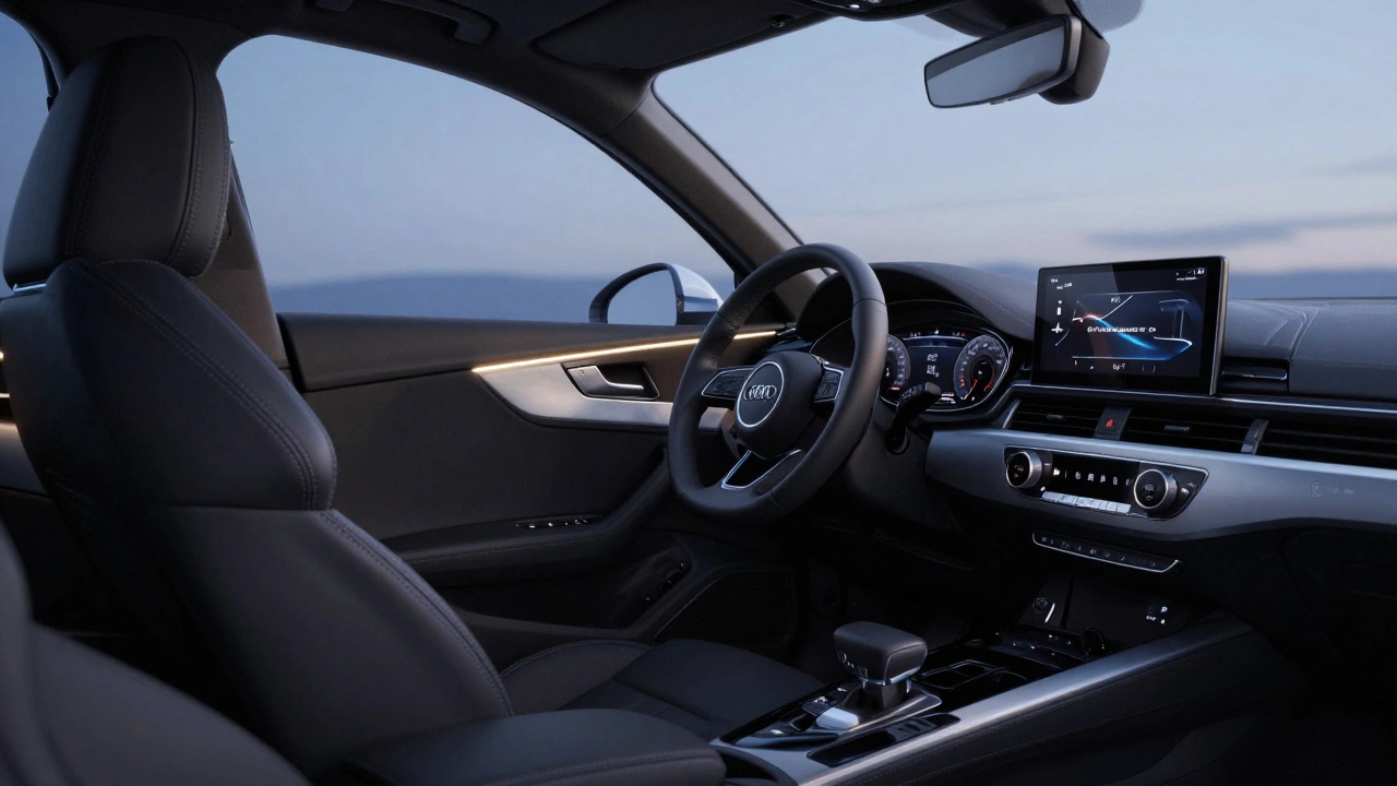 Interiér auta Audi v tichém večerním světle s jemným osvětlením a luxusními materiály.