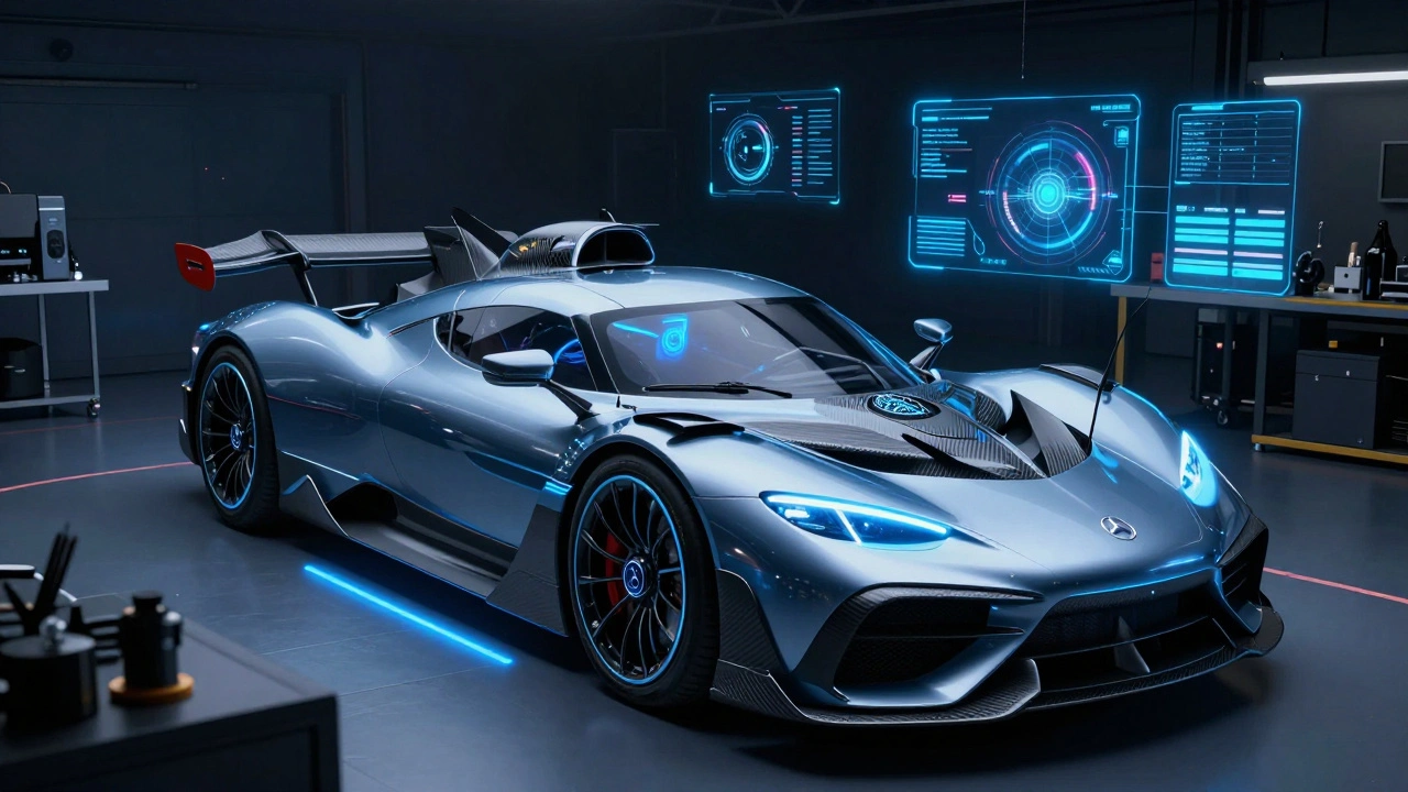 Interior of the 2025 Mercedes-AMG One hypercar with high-tech cockpit and glowing controls.