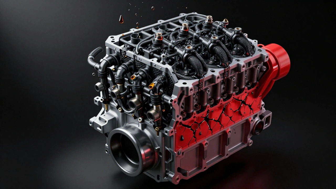 Internal engine view showing carbon buildup on valves and fuel injectors due to prolonged idling.