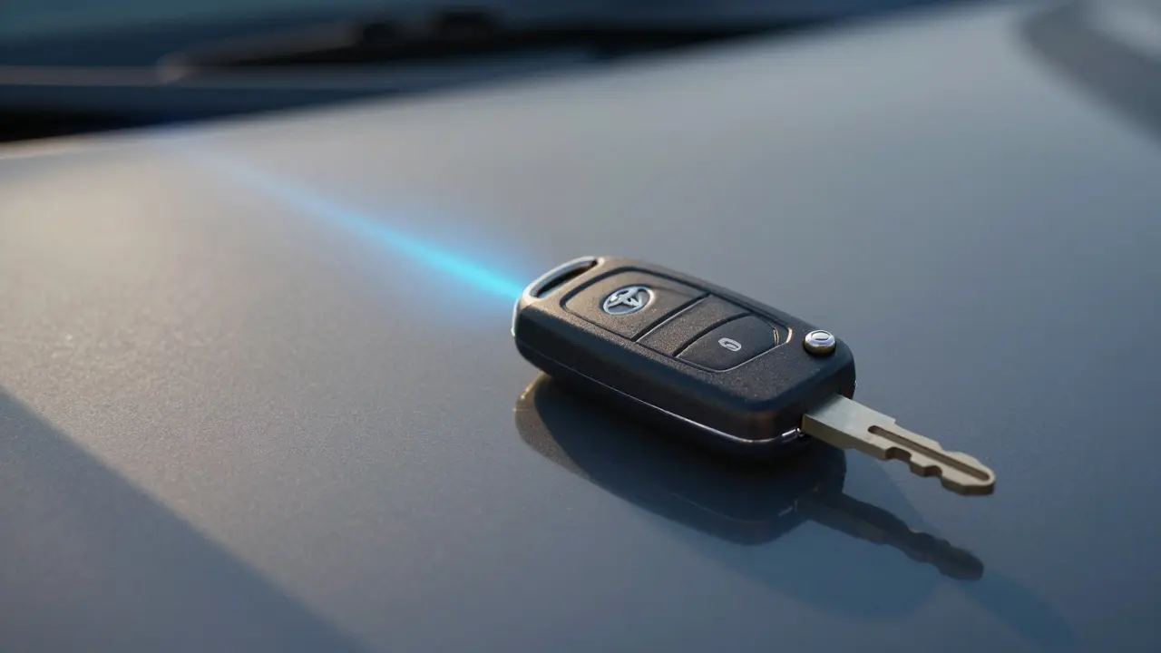 Klíčenka Toyota s částečně vysunutým mechanickým klíčem na krytu kapoty.