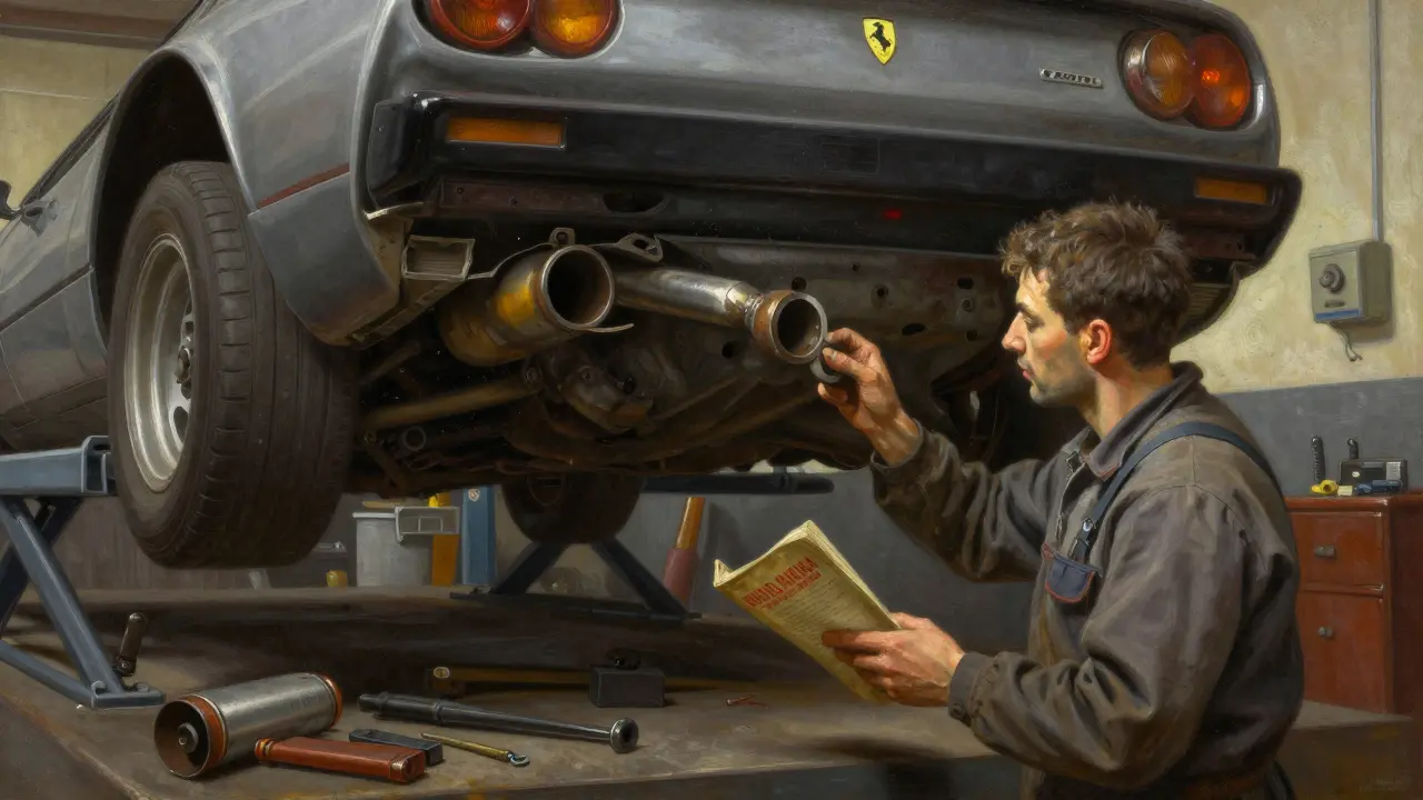 Mechanik v garáži drží zrezavělý výfuk a servisní knížku u Ferrari 308 na zdviháku.