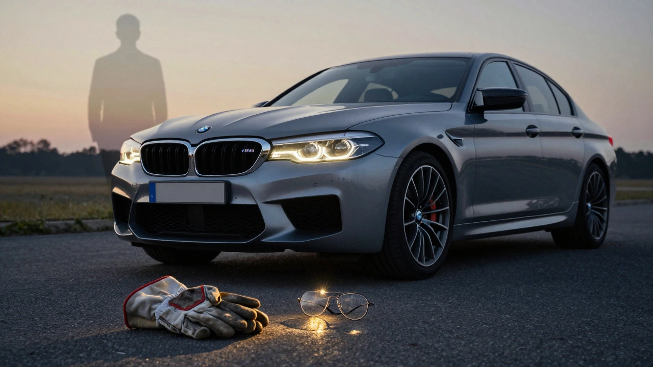 Moderní BMW M5 s klasickými inženýrskými rukavicemi a brýlemi na pozadí.
