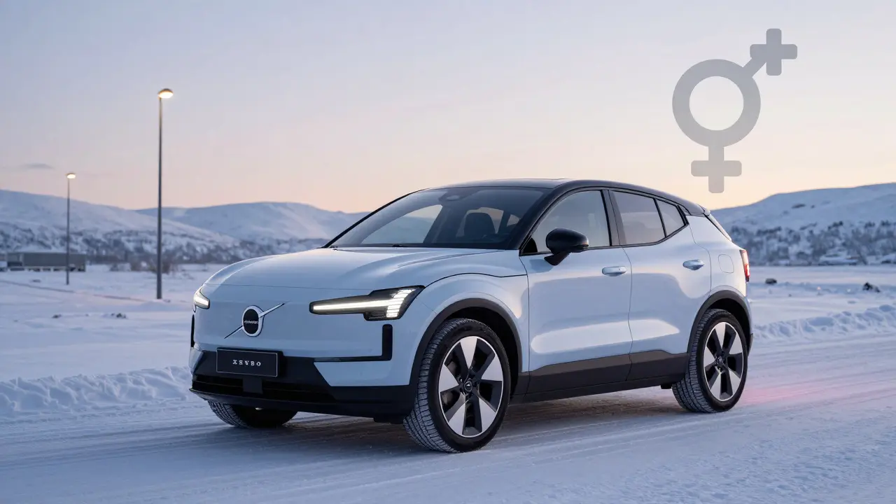 Moderní elektrické auto Volvo EX30 s černým symbolem na sněhu v švédské krajině