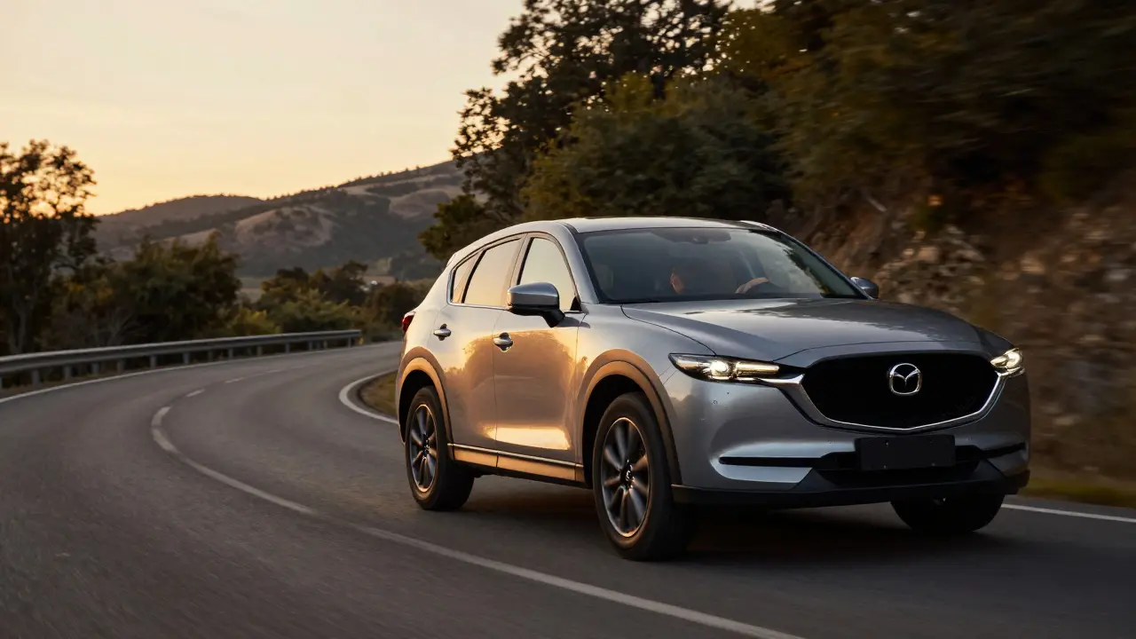 Moderní Mazda CX-5 na zatáčce horské silnice při západu slunce.