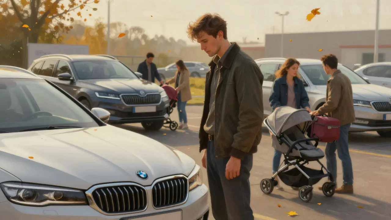 Muž se dívá na své BMW na trhu s použitými auty, zatímco rodina naloží nové auto.