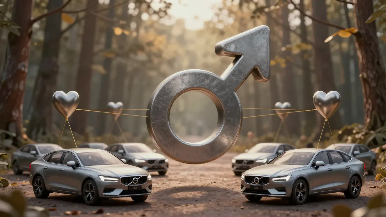 Obří symbol železa nad řadou aut Volvo, spojený s lidskými srdci jako značka bezpečnosti