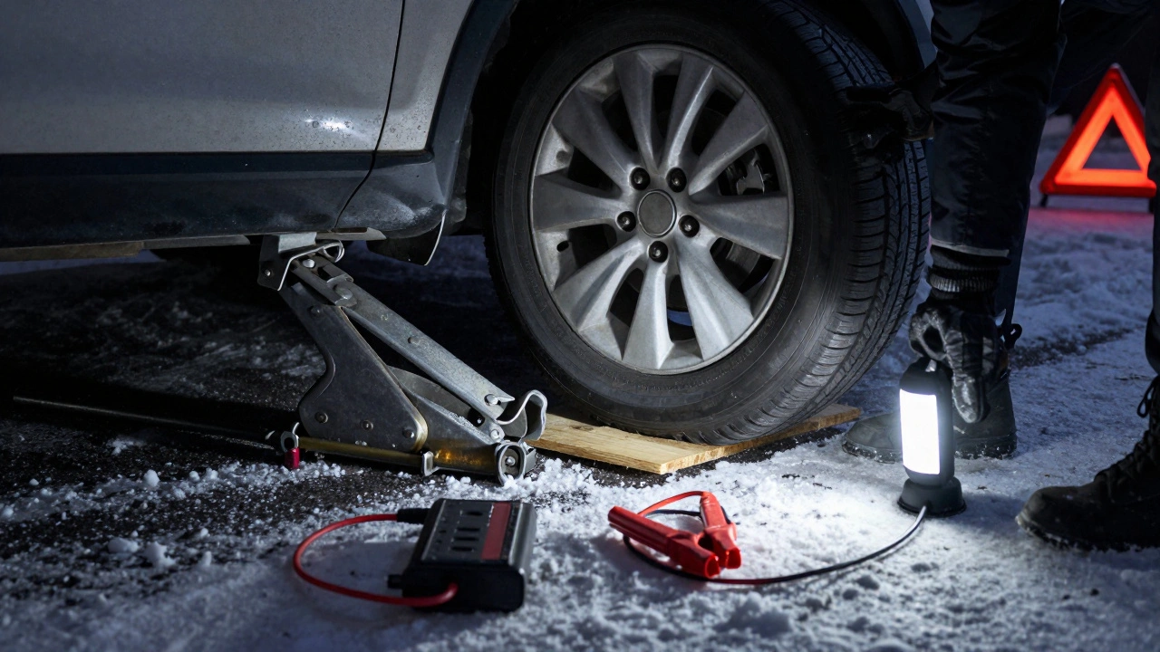 Osoba mění kolo na zasněžené silnici s kovovým zvedákem a podložkou.