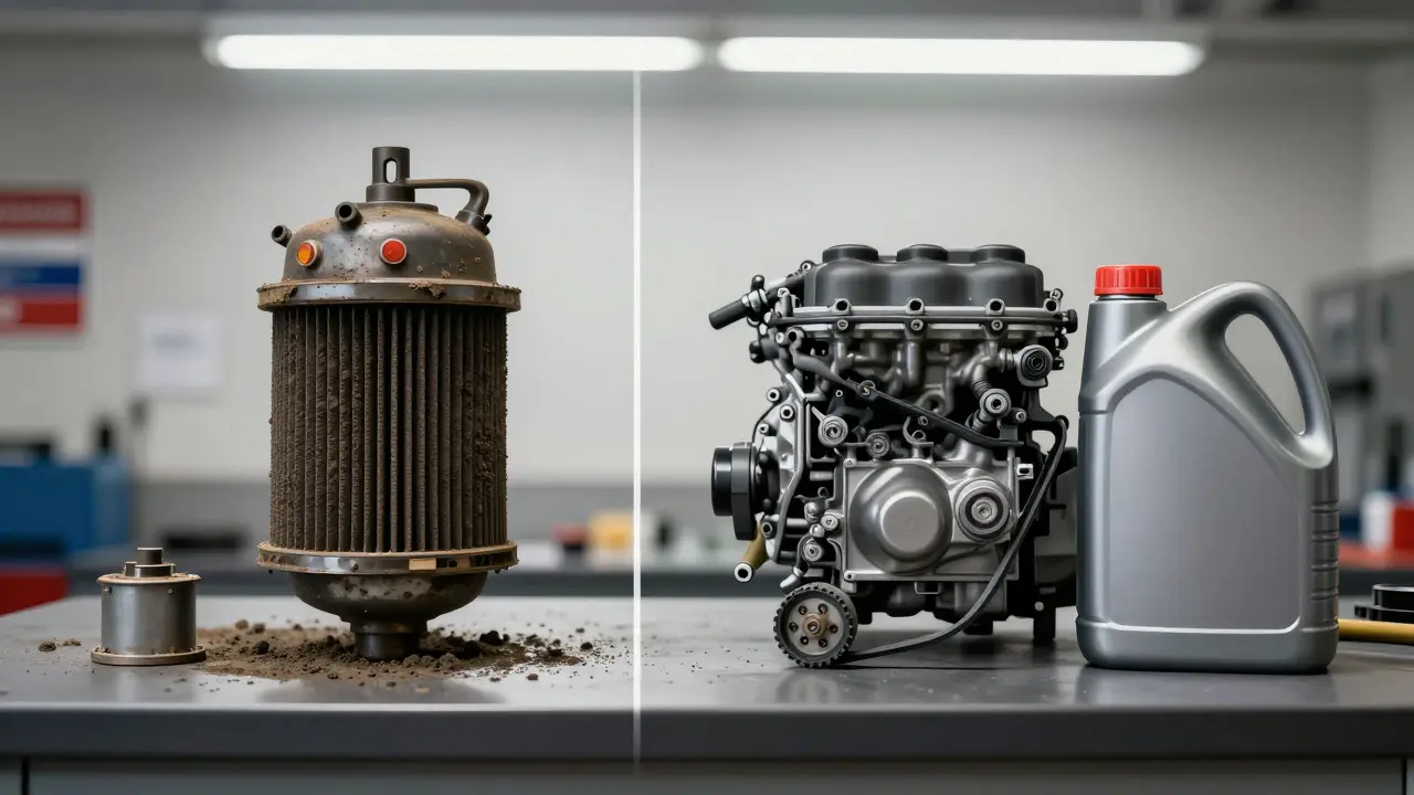 Porovnání dieselového filtru DPF a benzinového motoru T5 na servisním stole.