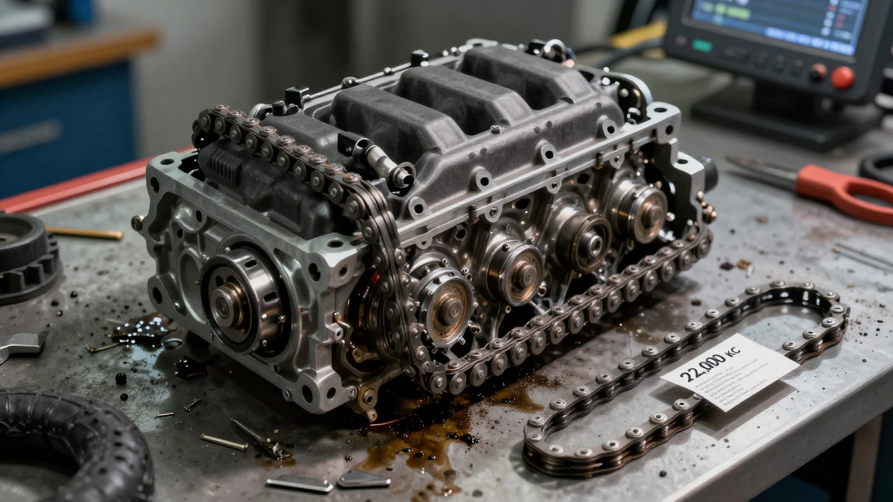 Poškozený řetěz rozvodovky vedle nového originálního kompletu na pracovním stole.