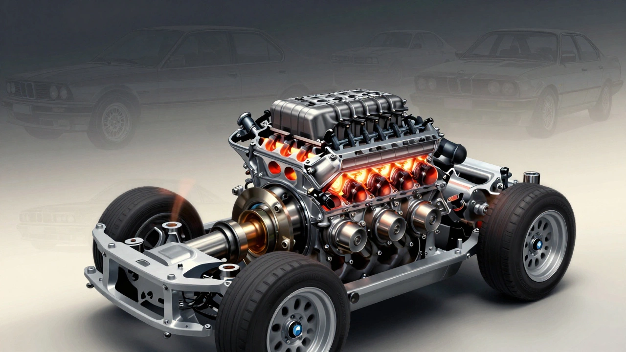 Přehledový pohled na motor BMW M30 v rozříznutém vzhledu s technickými detaily.