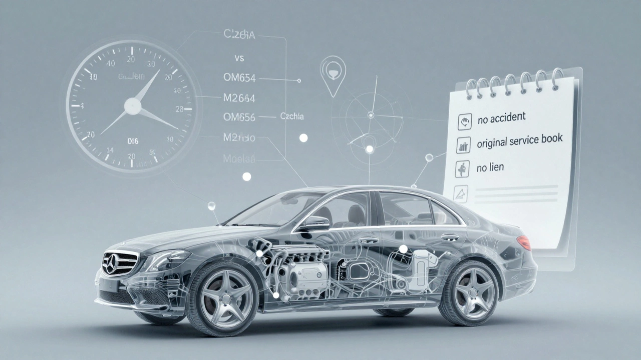 Průhledný Mercedes s datovými prvky symbolizujícími historii a původ vozu.