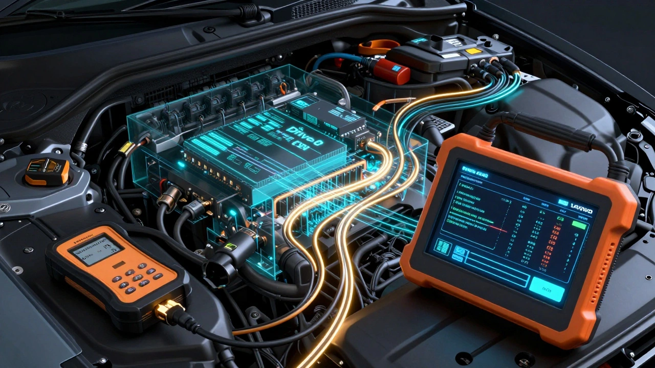 Průhledný pohled na elektronické moduly Volva s datovými proudy, generický čtečka v pozadí.