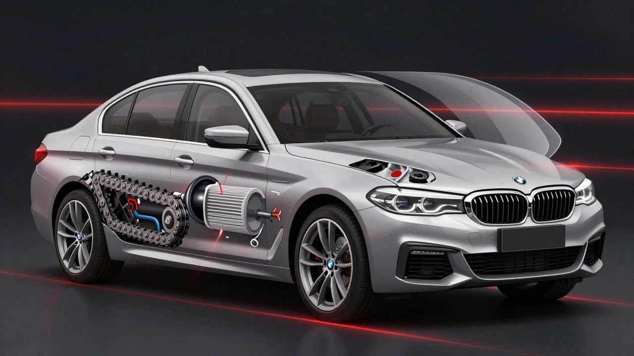 Průřez BMW 5 Series ukazující selhání řetězu a filtru částic.