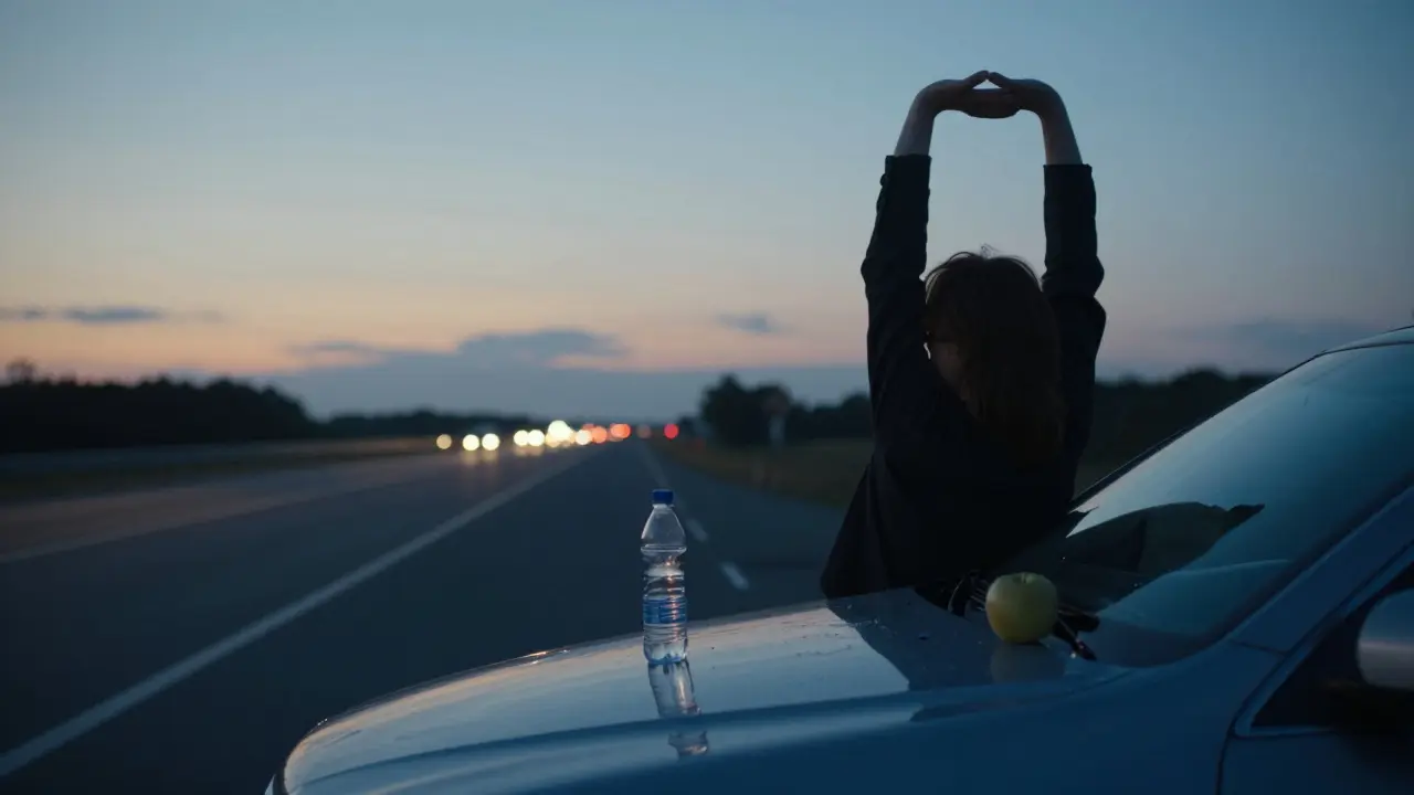 Řidič se protahuje u zaparkovaného Mercedesu na odpočinku při soumraku, na krytu auta jsou voda a jablko.