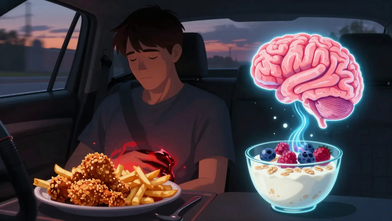 Řidič v autě s vizuálním znázorněním, jak těžké jídlo odebírá energii mozku a přesměrovává ji na trávení.