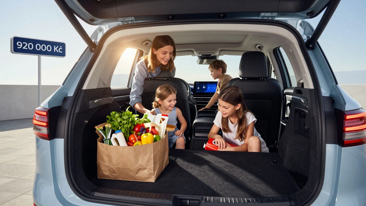 Rodina nakládá nákup do Nissan Qashqai s přeloženými sedadly a digitální cenou 920 000 Kč