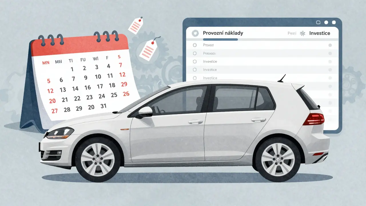 Rozdělená ilustrace auta s finančními položkami oprav a kategorizací nákladů.