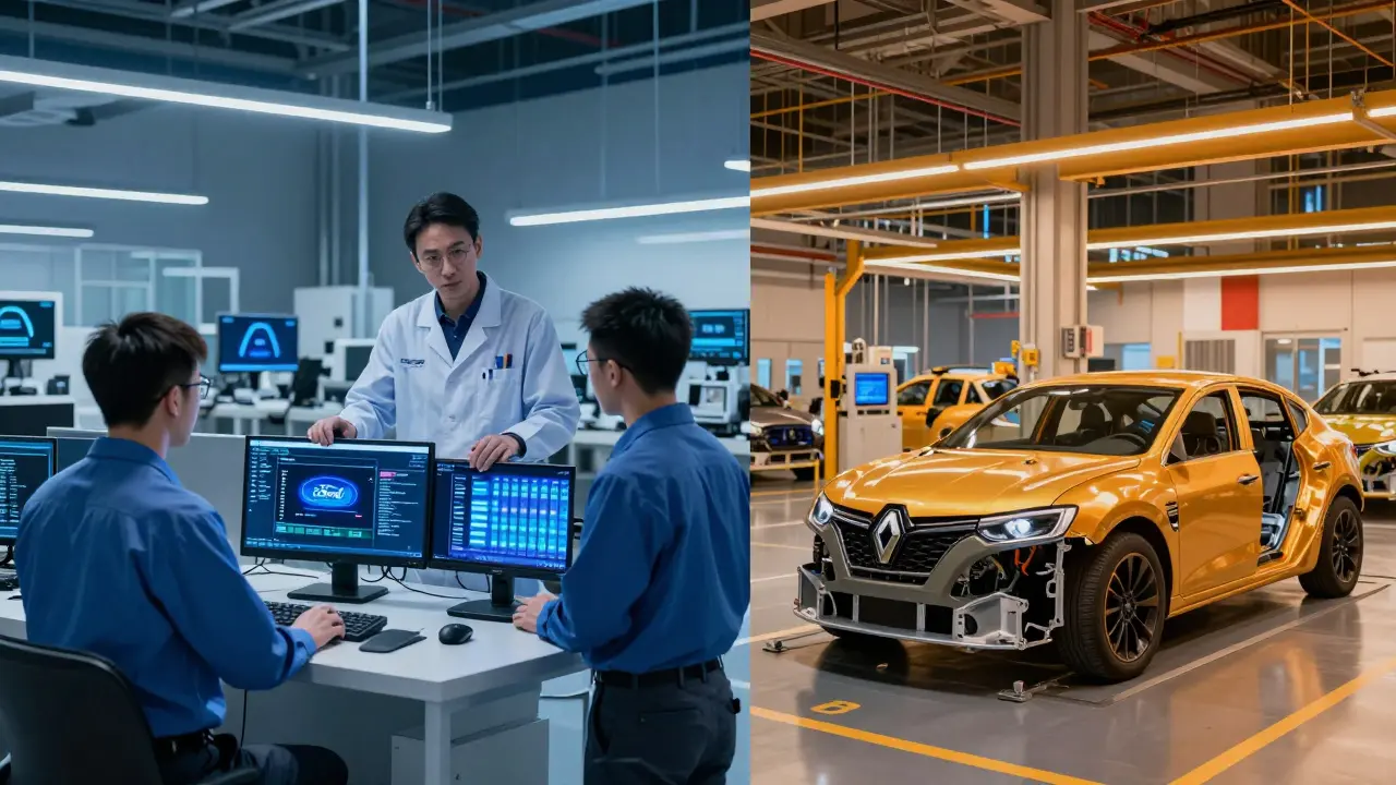 Split-screen: Ford engineers developing BlueCruise vs. Stellantis sharing platforms in France.