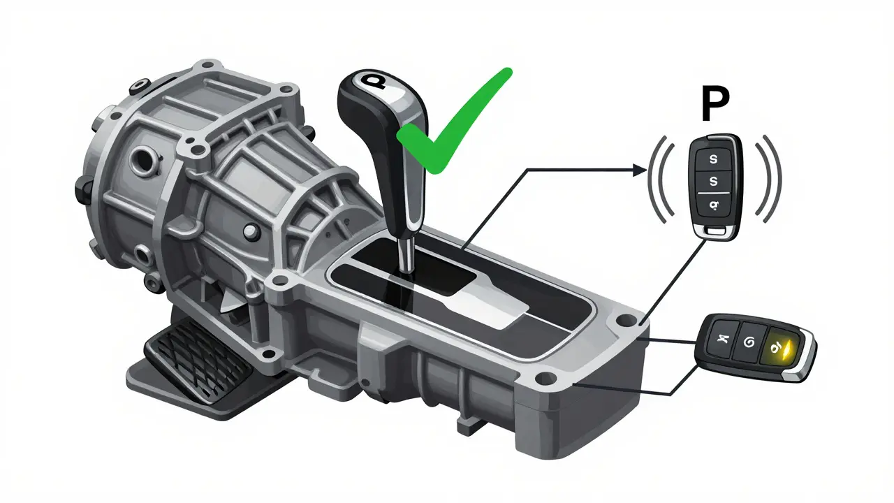 Technický náčrt převodovky BMW s označenými polohami P, N a brzdou.