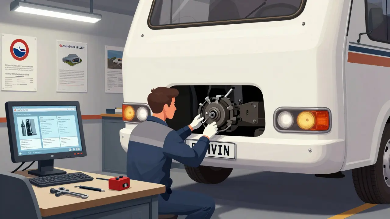 Technik kontroluje brzdy karavanu v české technické stanici s digitálním displejem.