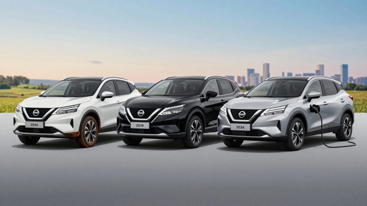 Tři generace Nissan Qashqai vedle sebe: starší diesel, moderní benzinový a elektrický model