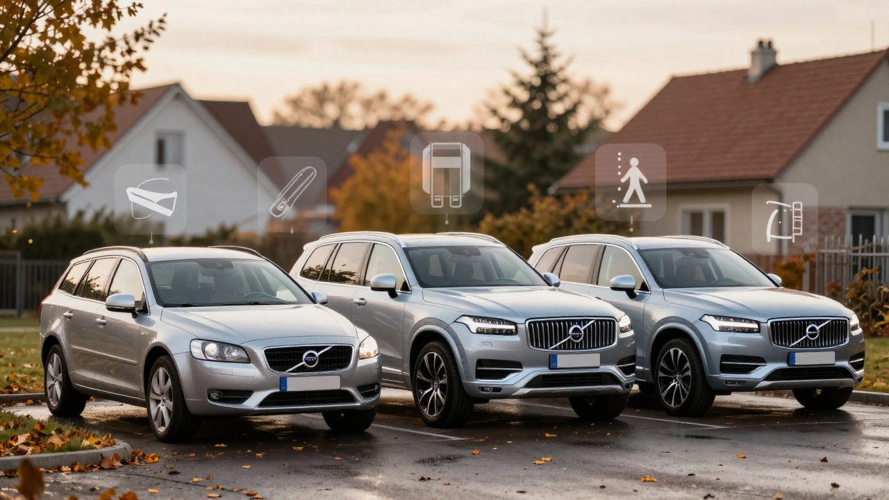 Tři Volvo různých let zůstala na dvoře v perfektním stavu, symbol dlouhodobé spolehlivosti.