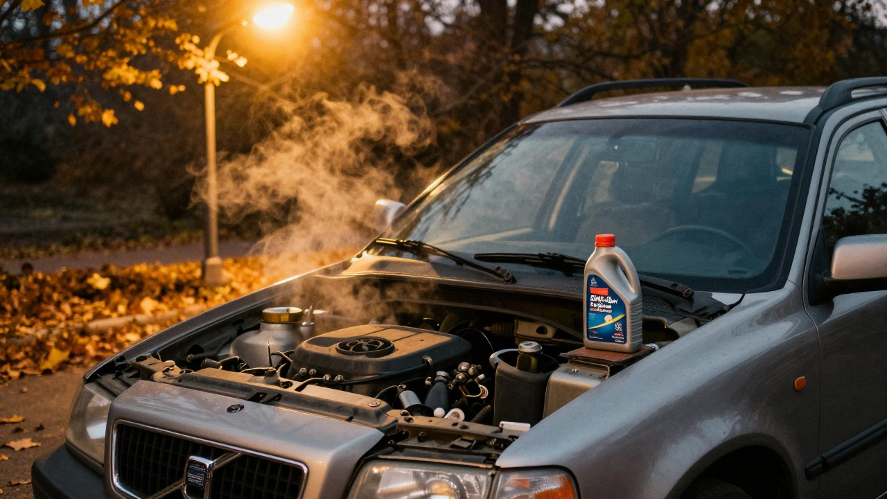 Vintage Volvo XC60 at dusk with oil can and sign indicating 5W-40 for older engines.