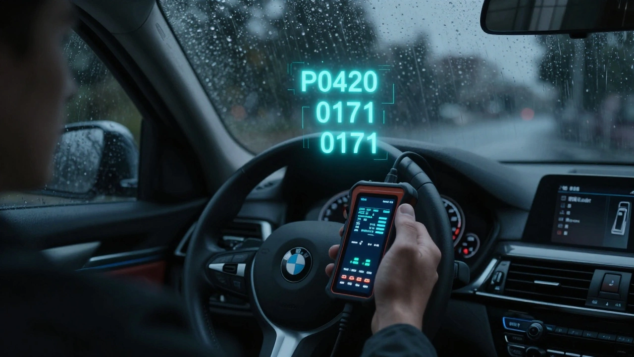 Vlastník BMW čte chybový kód pomocí OBD2 čtečky.