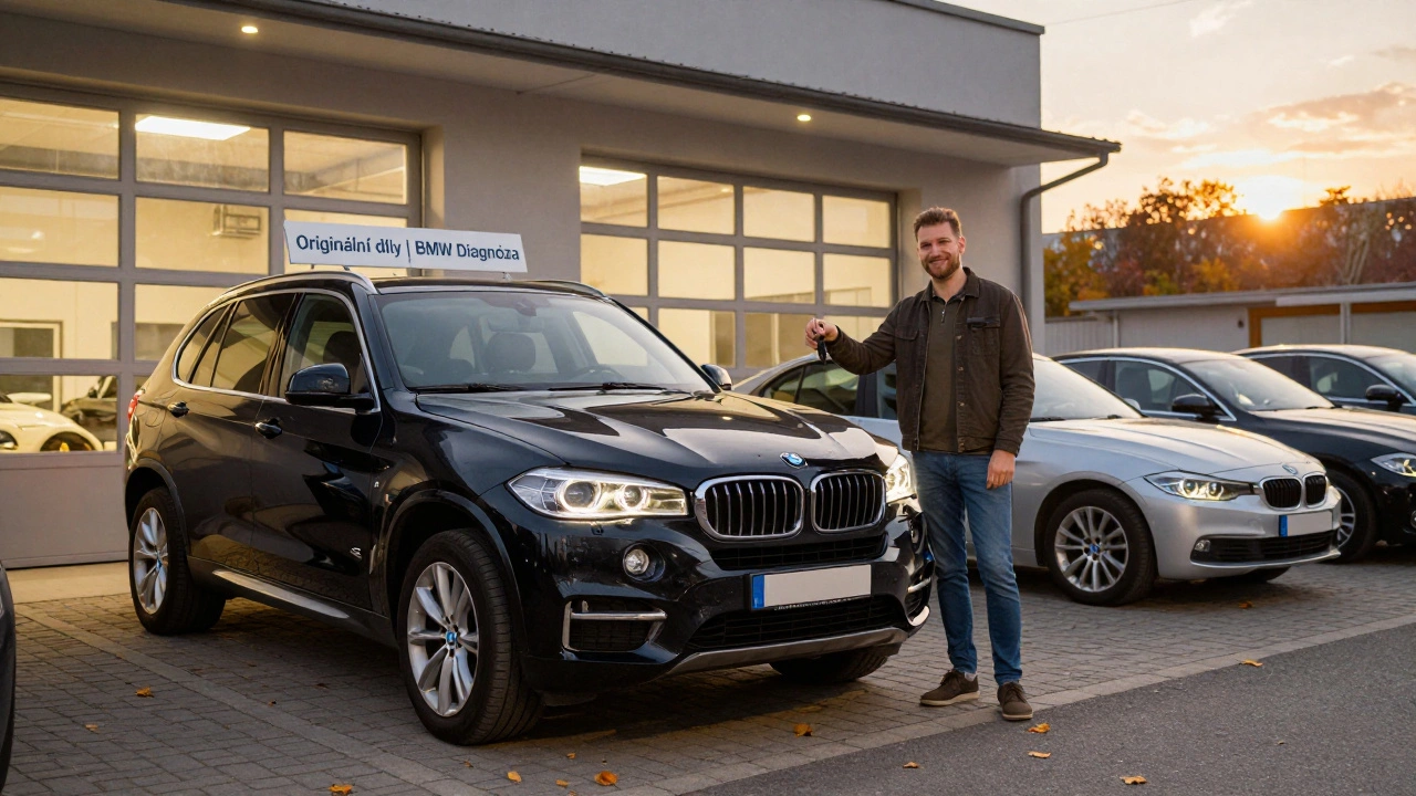 Vlastník BMW X5 přijímá auto po servisu v certifikovaném servisu v Brně.