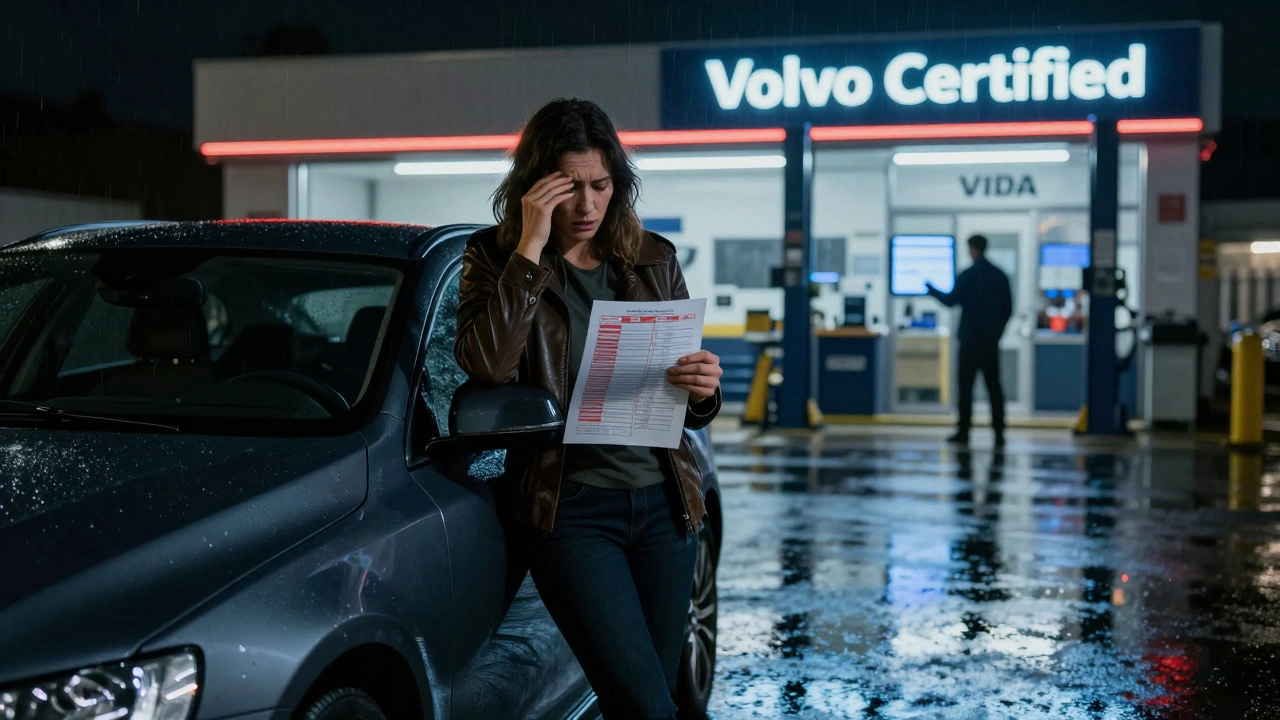 Vlastník Volva v dešti s diagnostickým výpisem, v pozadí autorizované servisní centrum.