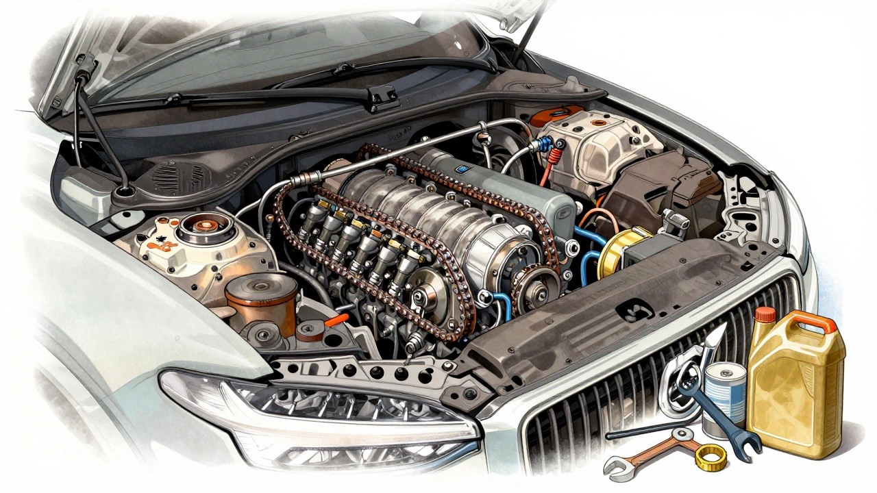 Vnitřní pohled na motor Volvo XC90 s důležitými komponentami