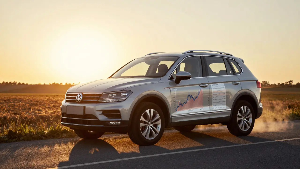 Volkswagen Tiguan v záři západu se prozřetelnými finančními daty na karosérii.