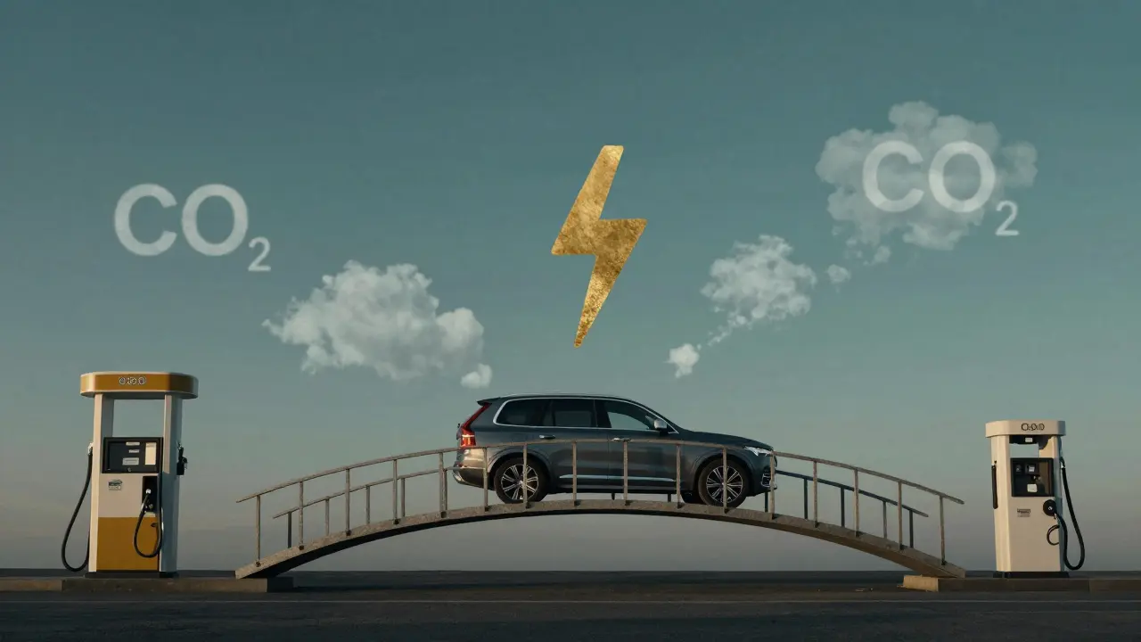 Volvo crossing a symbolic bridge from petrol to electric, representing sustainable transition.