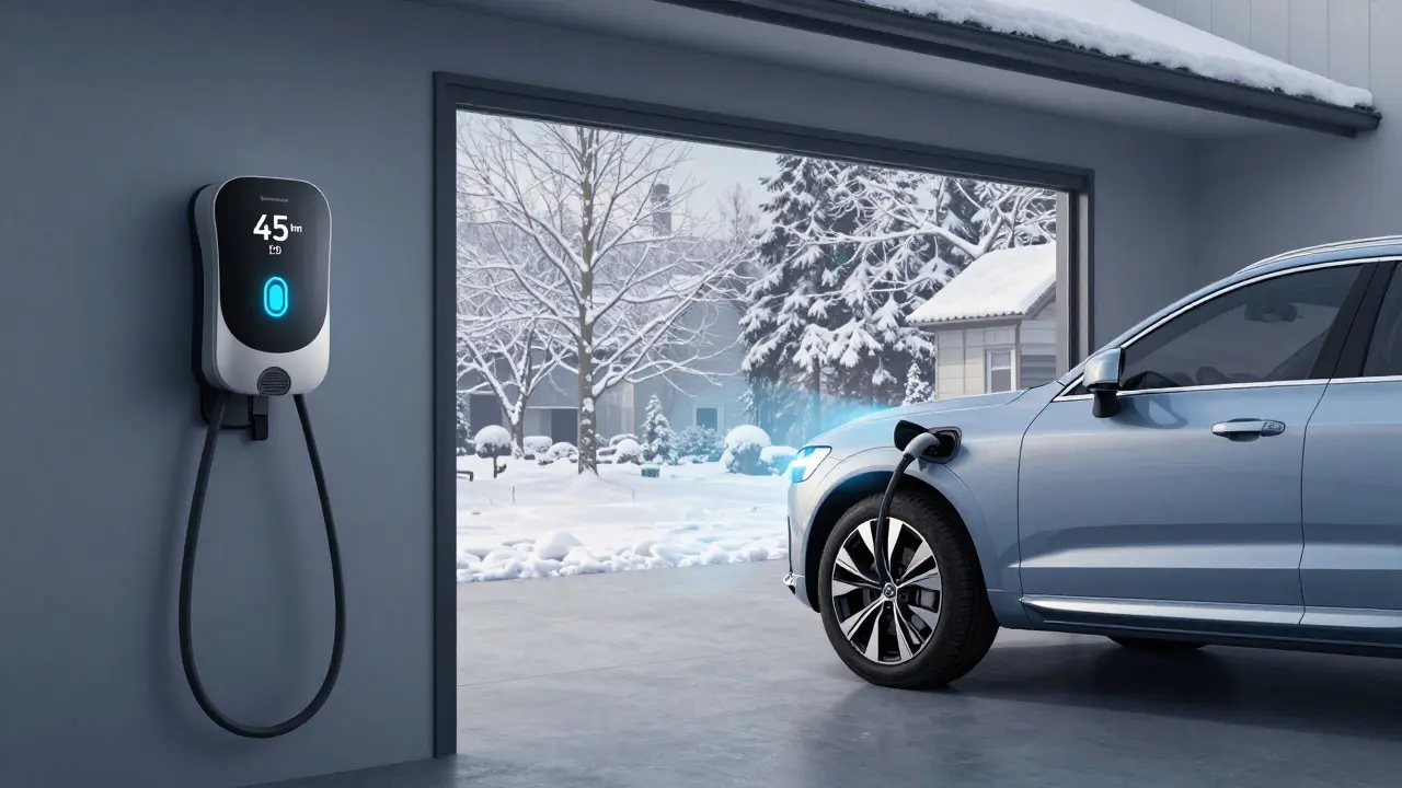 Volvo XC60 T8 plug-in hybrid nabíjející se v garáži s ukazatelem elektřiny 45 km.