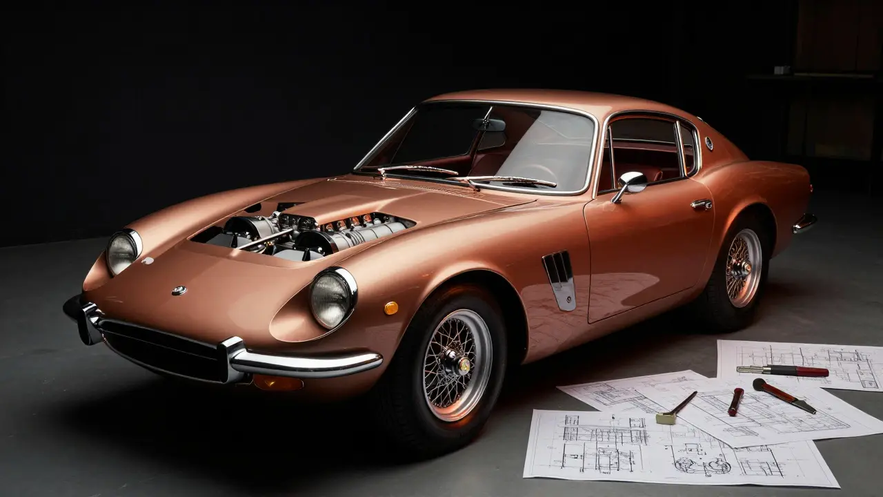 Vystavený rotční motor Mazda Cosmo Sport v dílně s technickými plány.