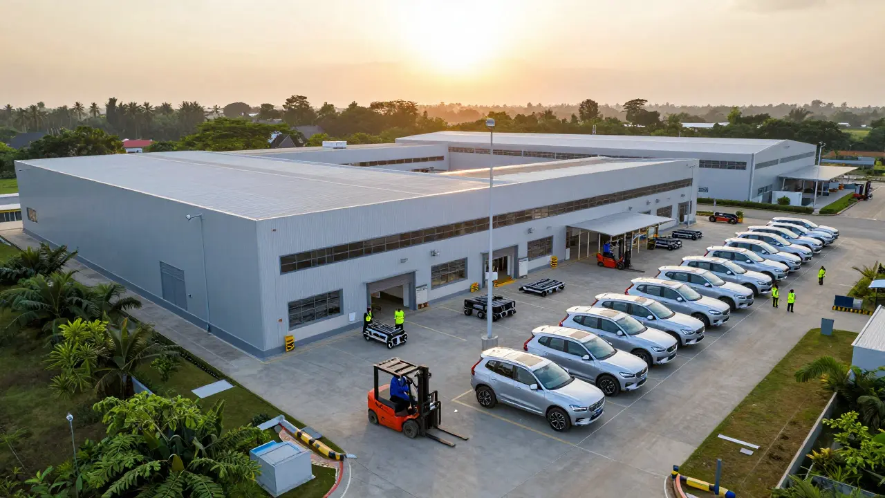 Závod Volvo v Bengaluru, Indie, s auty XC60 pod zářivým západem slunce.