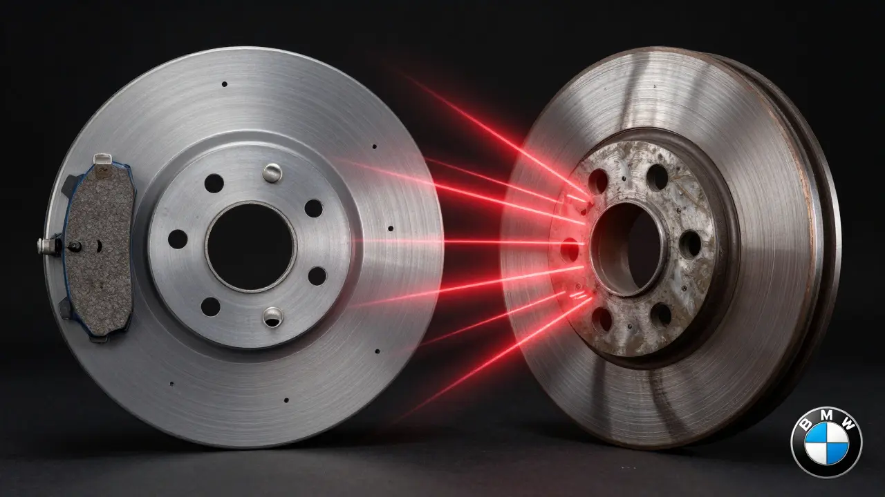 Porovnání nových a opotřebovaných brzdových destiček s poškozeným kotoučem.