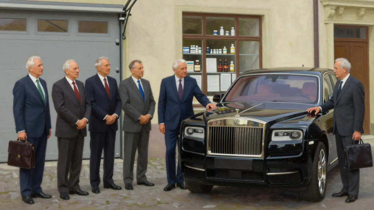 Tři starší muži v oblecích stojí u garáže s Rolls-Royce Cullinan, symbol tiše získaného úspěchu.