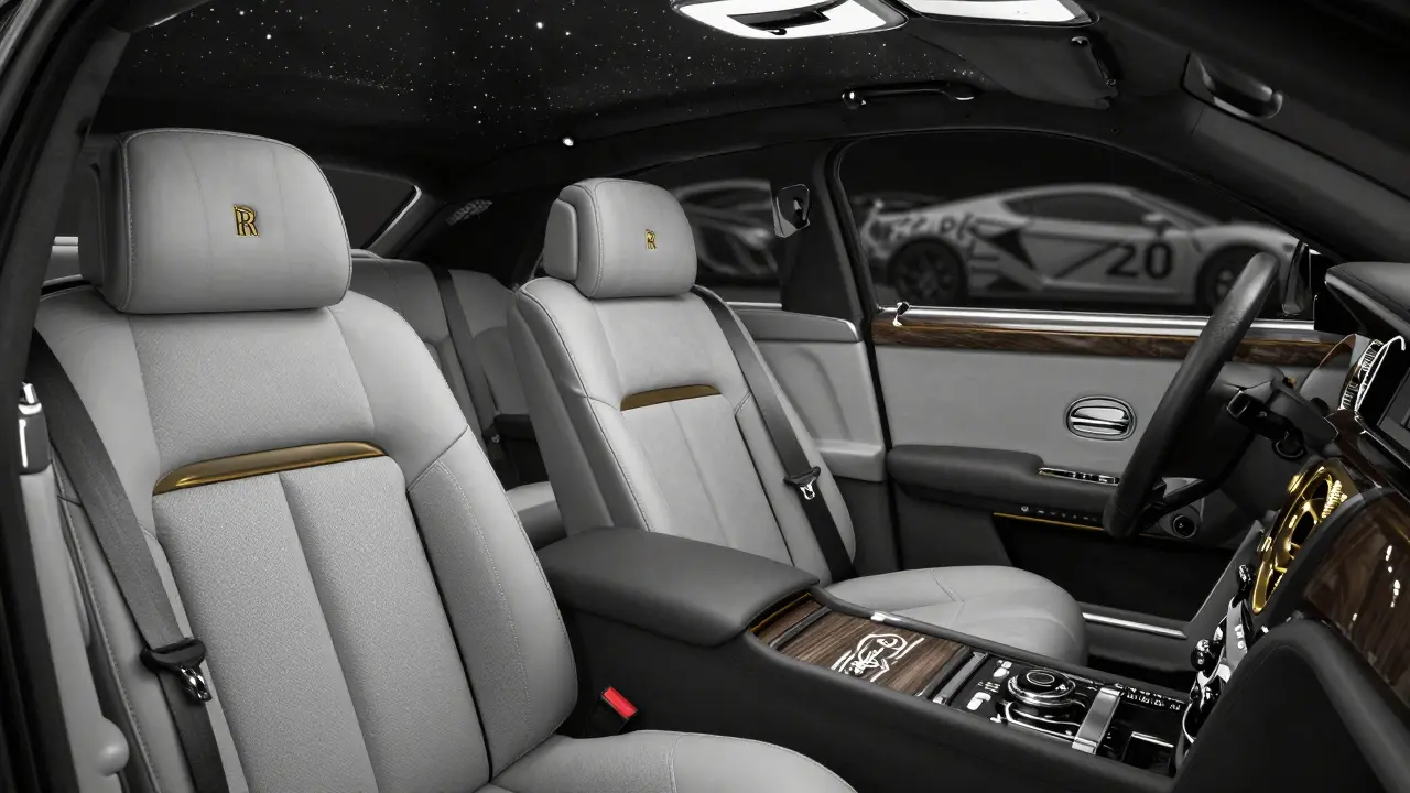 Vnitřek Rolls-Royce s ručně vyšívaným kobercem a dřevěnými vložkami, zdůrazňující kvalitu a klid.