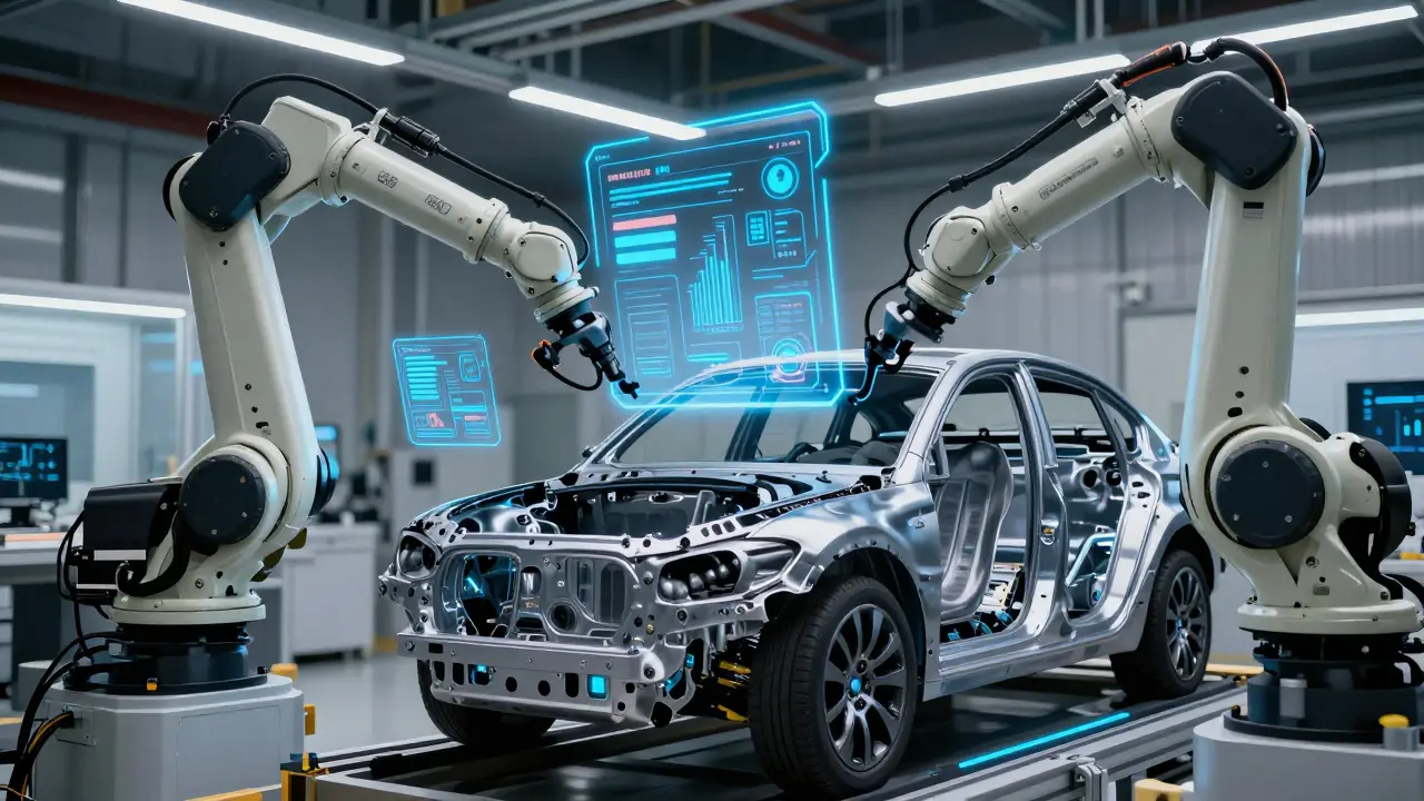 Futuristická automobilová linka s roboty a digitálními daty.