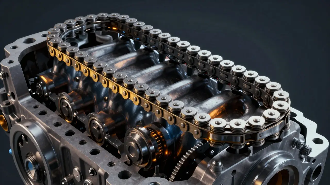 Konceptuální zobrazení opotřebovaného a nového rozvodového řetězu motoru.