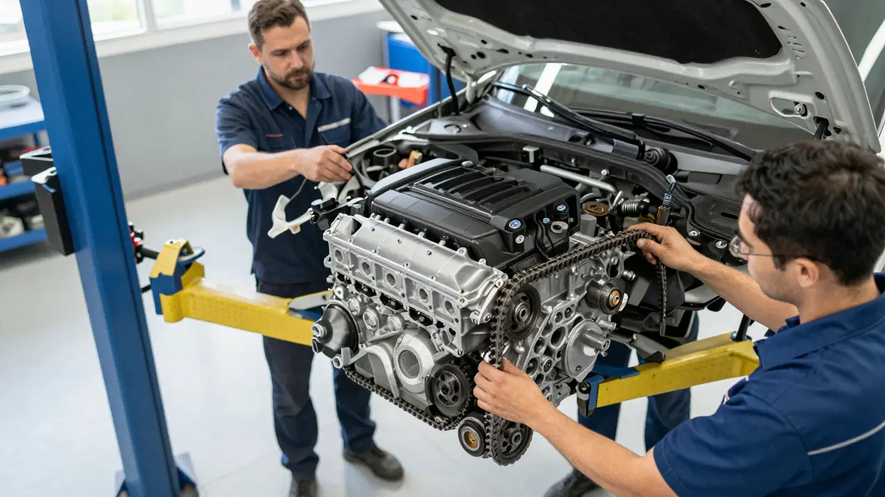 Vyndávání motoru BMW z rámu auta během náročné výměny řetězu.