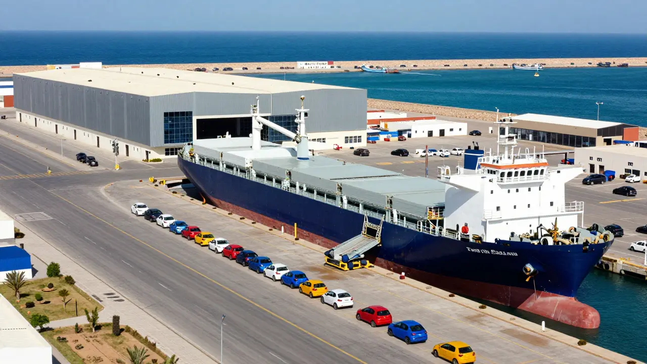 Závod Renault v Tangeru v Maroku s lodmi pro export aut.